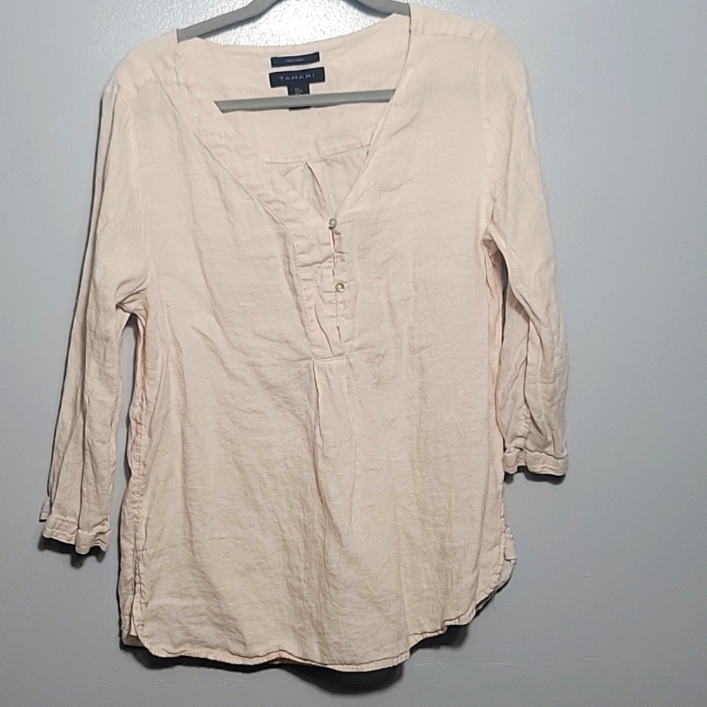 TAHARI Large  100%  Linen Long Sleeve Collarless Shirt
